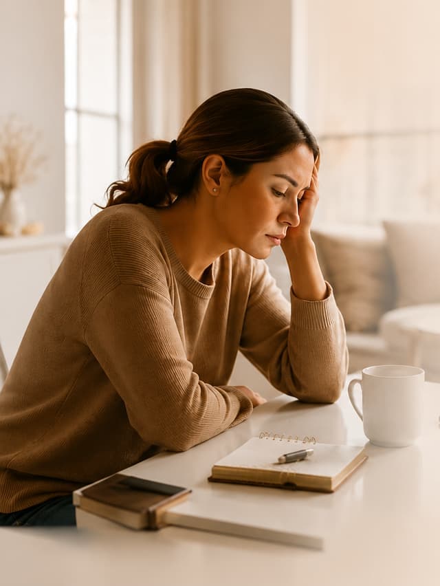 Mujer cansada, con la mano en la frente, frente a su cuaderno y su taza